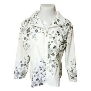 Clara S. Size XL Long Sleeve Wide Collar Jacket White & Black Autumn Leaf Zip Up